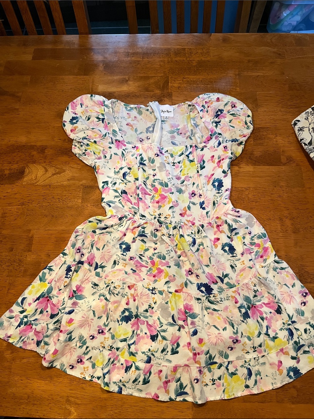 Sky to Moon Puff-Sleeve Dress in White with Pink, Yellow & Blue Accents
